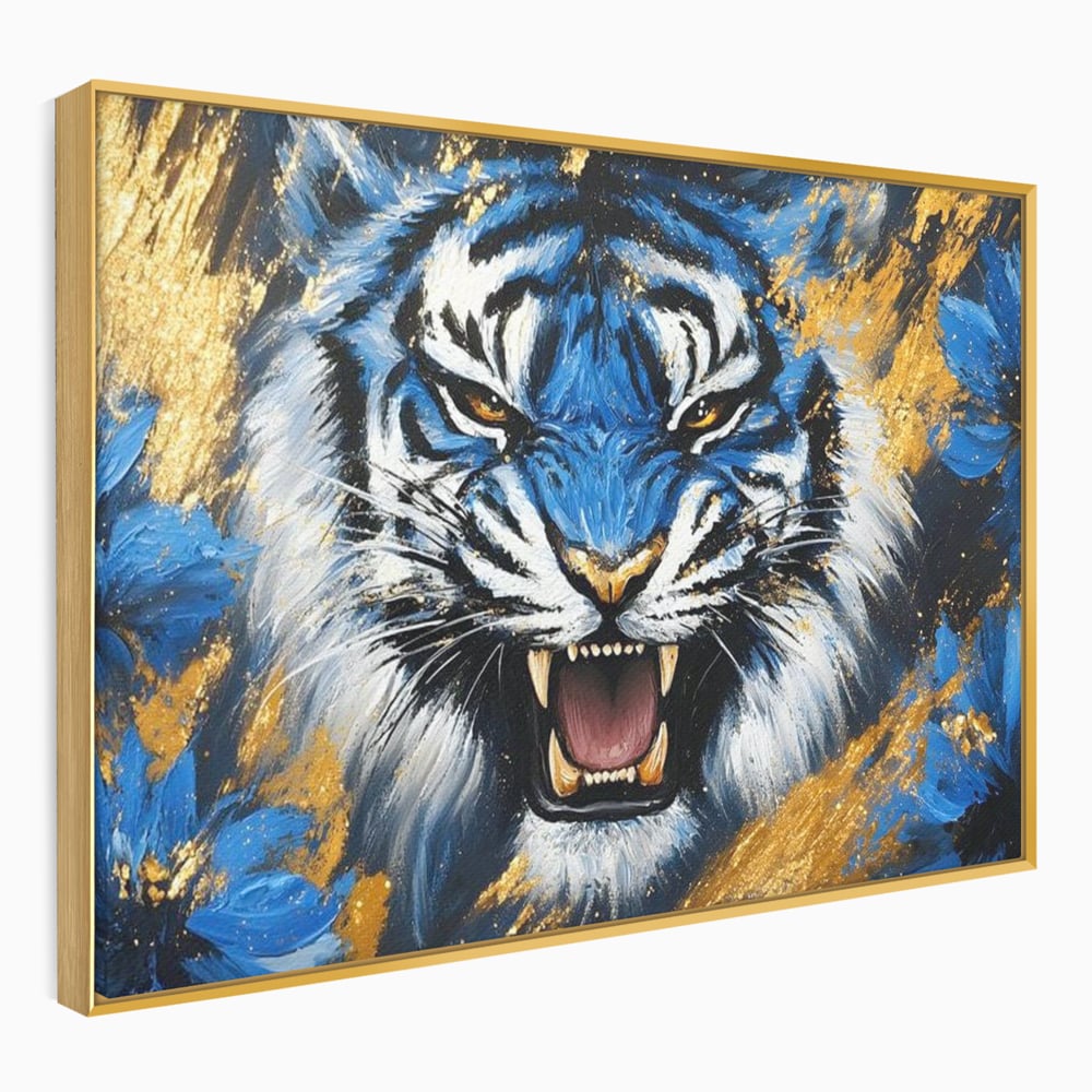 Tablou canvas cu tablou canvas cu tigru albastru si flori, in rama de aluminiu auriu
